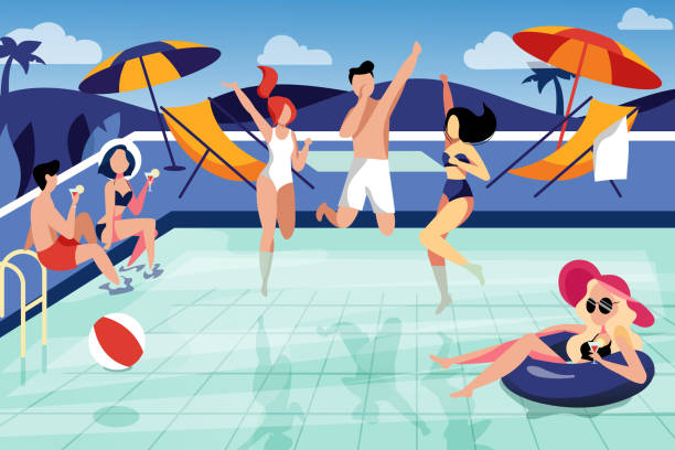 Summer pool party, vector flat illustration. Happy young friends have a vacation by the swimming pool Summer pool party, vector flat illustration. Happy young friends have a vacation by the swimming pool. pool party stock illustrations