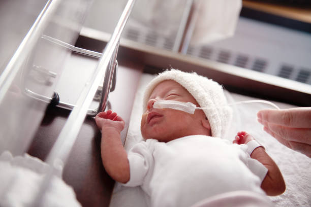 Mother taking care of his premature baby at hospital stock photo