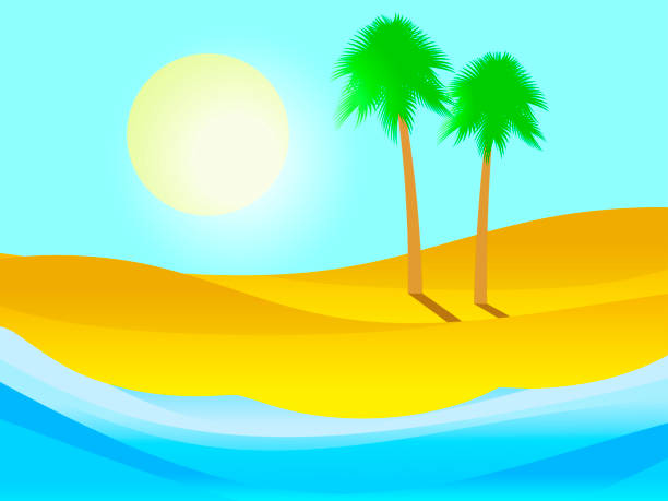 istock Palm tree on the sandy beach. Tropical island, summer landscape. Vector illustration 1143131000
