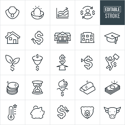 A set of investing icons that include editable strokes or outlines using the EPS vector file. The icons include a nest egg, jewelry, money, cash, gold, coins, precious metals, house, bank, business building, graduation cap and piggy bank. They also symbolize concepts of growth, the stock market and investing.