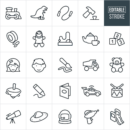 A set of children's toys icons that include editable strokes or outlines using the EPS vector file. The icons include a toy train, dinosaur, jumprope, hammer, yo-yo, doll, games, tea set, blocks, girl, boy, paintbrush, dump truck, teddy bear, top, crayon, book, car, drum, telescope, laser gun, slide and spaceship to name a few.