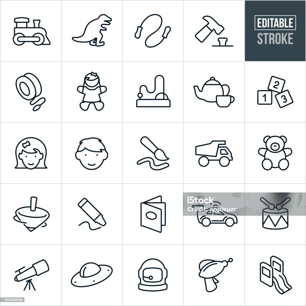 Children's Toys Thin Line Icons - Editable Stroke A set of children's toys icons that include editable strokes or outlines using the EPS vector file. The icons include a toy train, dinosaur, jumprope, hammer, yo-yo, doll, games, tea set, blocks, girl, boy, paintbrush, dump truck, teddy bear, top, crayon, book, car, drum, telescope, laser gun, slide and spaceship to name a few. Icon Symbol stock vector