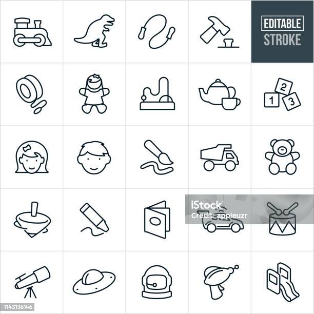 Childrens Toys Thin Line Icons Editable Stroke Stock Illustration - Download Image Now - Icon Symbol, Toy, Vector