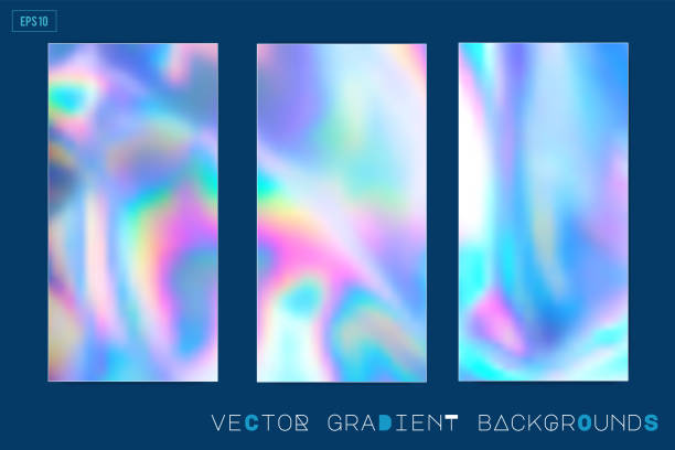 pastel colored holographic background Abstract trendy holographic background in 80s style. Real texture in violet, pink and mint colors with scratches and irregularities. Synthwave. Vaporwave style. Retrowave, retro futurism, webpunk holographic stock illustrations