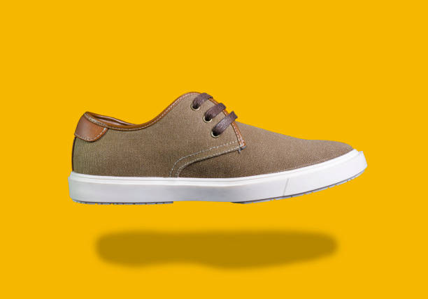 Canvas and leather sneakers isolated on color background Canvas and leather sneakers isolated on color background shoe mold stock pictures, royalty-free photos & images