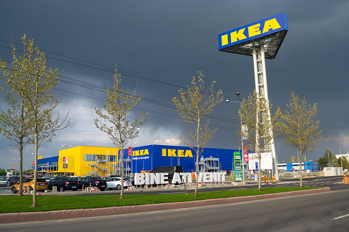 Bucharest, Romania - April 16, 2019: IKEA Pallady, the second IKEA store in Bucuresti, Romania - exterior view of the main showroom and warehouse building, set to open to the public in 2019.
