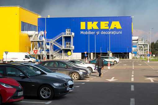Bucharest, Romania - April 16, 2019: IKEA Pallady, the second IKEA store to open in 2019 in Bucuresti, Romania - outside view of the main showroom, as seen from the Decathlon parking lot.