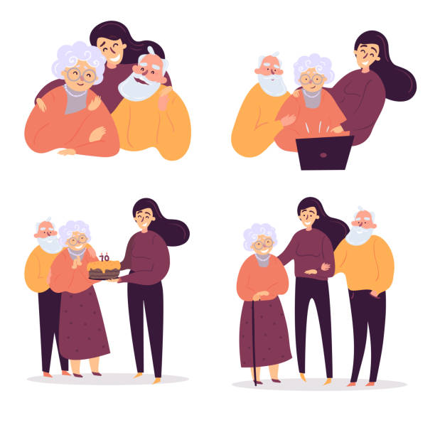 Daughter helps her old parents. Birthday, care. Young woman reconnect with old parents. Girl teaches them to use computer and internet, they celebrate birthday anniversary and feel support of each other. Happy family together. Daughter, mom, father senior adult illustrations stock illustrations