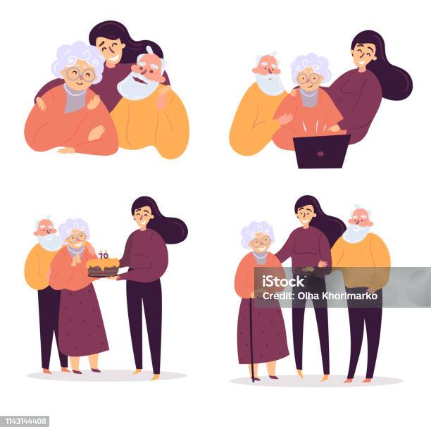 Daughter Helps Her Old Parents Birthday Care Stock Illustration - Download Image Now - Senior Adult, Family, Senior Men