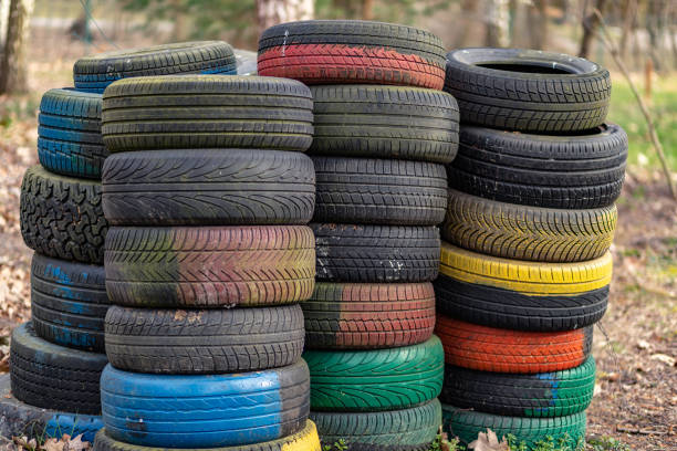 istock Old used car tires left. 1143154380
