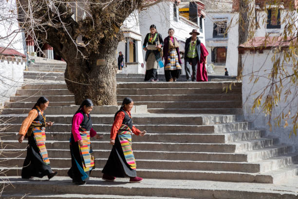 The large group of pilgrims walking in the Sera Monastery complex, Lhasa, Tibet Autonomous Region, China.