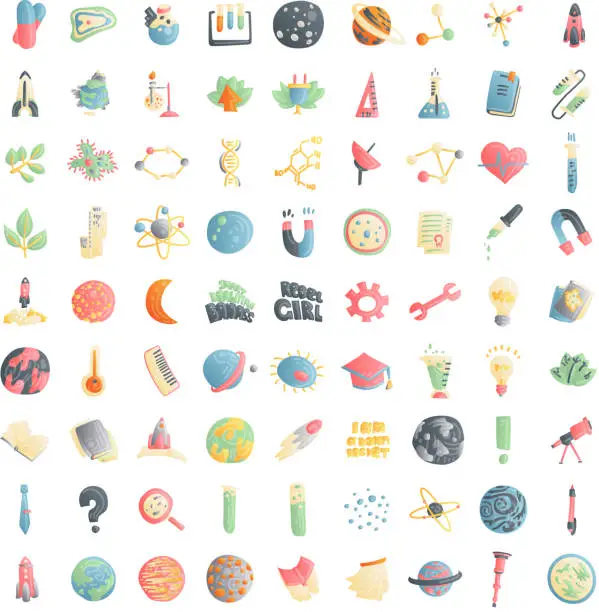 Vector illustration of Cute cartoon icons on science, school, study theme. Physics, chemistry, astronomy and other sciences - vector illustrations of icons for children. Back to school educational icons, science cartoon icon set isolated on white background, colored