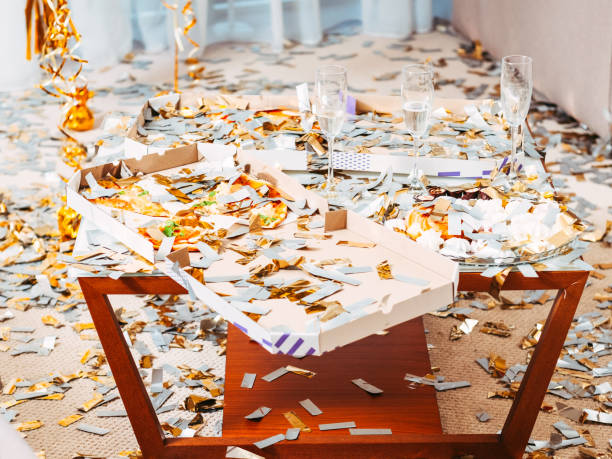 party chaos table leftovers champagne confetti
