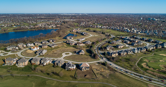 Drone aerial panoramic  view of the residential neighborhood Libertyville, Vernon Hills, Chicago, Illinois.