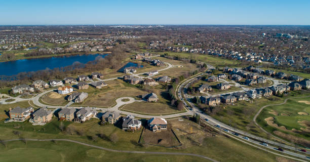 Drone aerial panoramic  view of the residential neighborhood Libertyville, Vernon Hills, Chicago, Illinois. The residential neighborhood in Chicago, Illinois, USA, at the spring early morning stitched image stock pictures, royalty-free photos & images