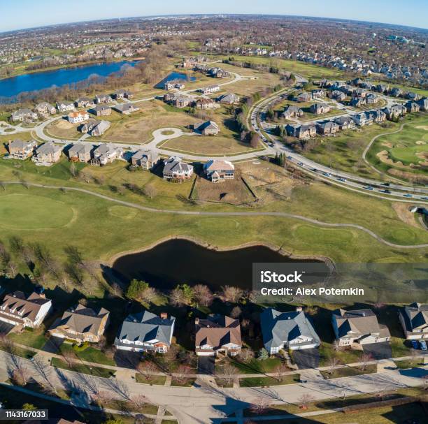 Drone Aerial View Of The Pond In The Residential Neighborhood Libertyville Vernon Hills Chicago Illinois High Resolution Stitched Panorama Stock Photo - Download Image Now