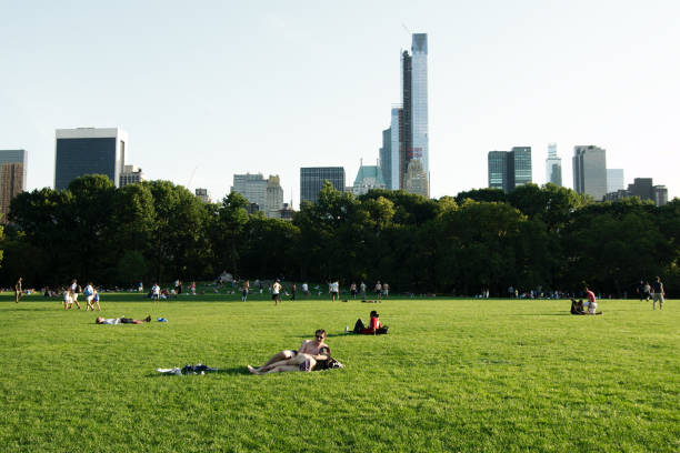 New York City, New York, USA - 2018: People enjoy a sunny summer evening at Central Park.