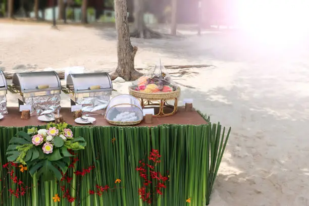 Buffet on the beach , Line set up for lunch at tropical in Thailand.