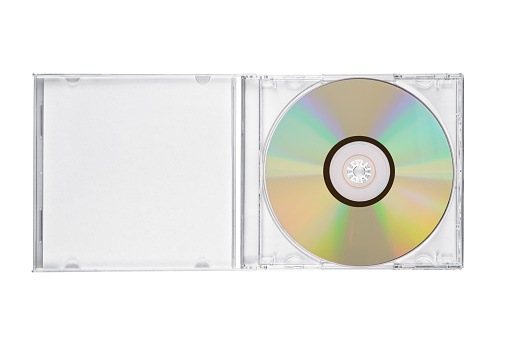 A blank DVD or CD in a plastic case on white background