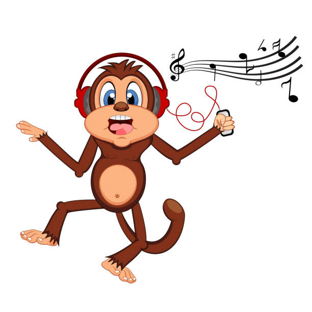 ilustrações de stock, clip art, desenhos animados e ícones de monkey dance while listening to music with a headset cartoon - safari animals audio