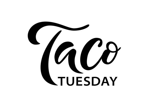 Taco Tuesday. Vector illustration. Promotion sign graphic ptint. Traditional mexican cuisine. Hand drawn text logo Taco Tuesday. Vector illustration. Promotion sign graphic ptint. Traditional mexican cuisine. Taco tuesday event advertising label word. Hand drawn black text logo isolated on white background. tacos stock illustrations