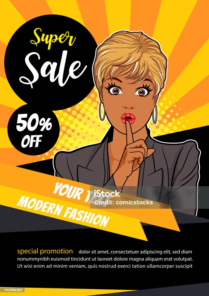 Surprise Black Woman With Finger On Lips On Sale Promotion Stock Illustration - Download Image Now - iStock