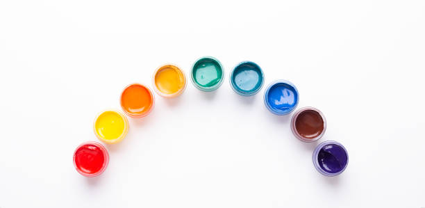 istock Multicolored gouache on a white background Rainbow shape Isolated Paints in containers Top view 1143187542