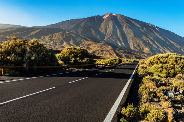 asphaltstraße unter el teide vulkanisch, nationalpark, teneriffa, spanien - pico de teide stock-fotos und bilder