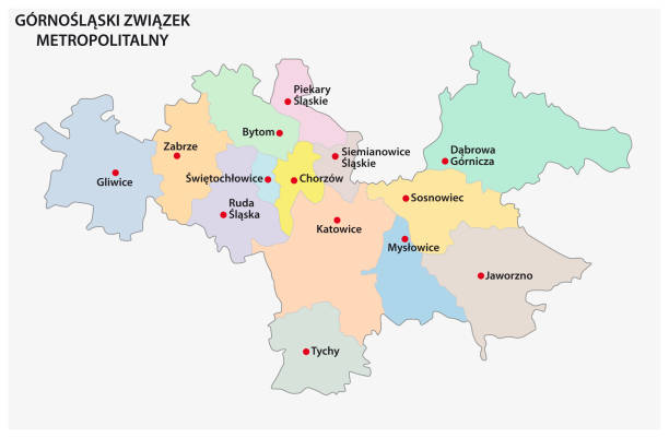 ilustraciones, imágenes clip art, dibujos animados e iconos de stock de mapa de la asociación metropolitana de alta silesia y la cuenca de dabrowa en polonia - silesia