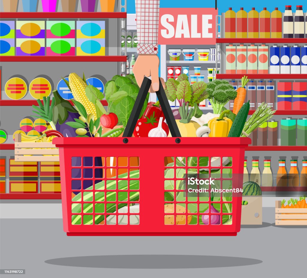 Supermarket Store Interior With Vegetables Stock Illustration - Download  Image Now - Cartoon, Illustration, Supermarket - iStock