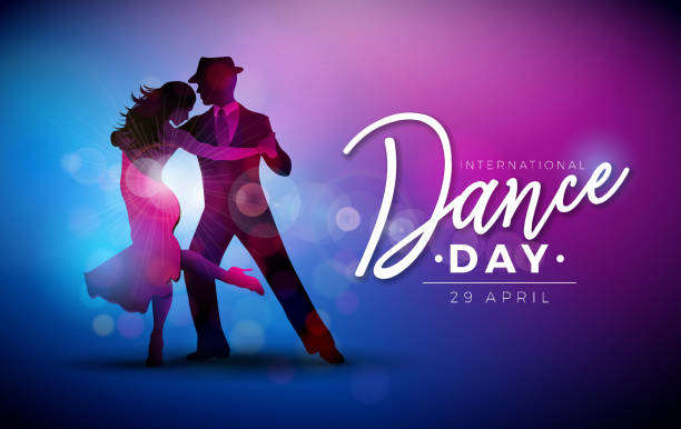 International Dance Day Vector Illustration with tango dancing couple on purple background. Design template for banner, flyer, invitation, brochure, poster or greeting card. International Dance Day Vector Illustration with tango dancing couple on purple background. Design template for banner, flyer, invitation, brochure, poster or greeting card dance logo stock illustrations