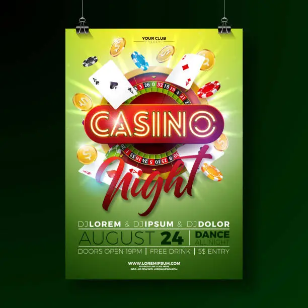 Vector illustration of Vector Casino night flyer illustration with gambling design elements and shiny neon light lettering on green background. Luxury invitation poster template.