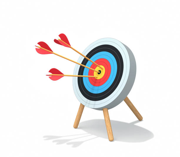 istock Archery target with arrows isolated on white. Goal achievement concept 1143202349