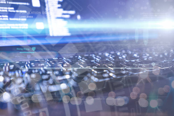 istock close up keybaord of futuristic laptop with 3d interface b 1143203371