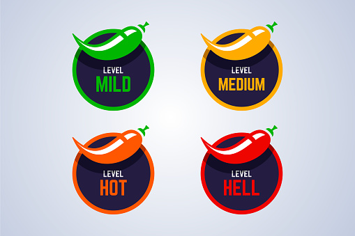 Red hot chili peppers strength indicator. Mild, medium, hot and hell spice level. Vector illustration.