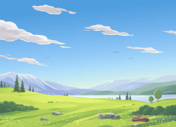Lake Landscape Vector illustration of a beautiful rural landsapce with a lake, bushes, hills, snowy mountains, and green meadows under a blue, cloudy sky. landscape scenery stock illustrations