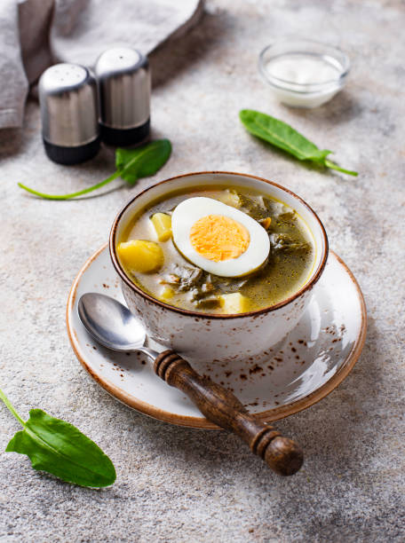 istock Sorrel soup or green borscht with eggs 1143207113
