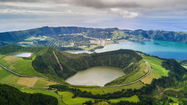 aerial view of boca do inferno lakes in sete cidades volcanic craters on san miguel island, azores, portugal - ponta delgada imagens e fotografias de stock