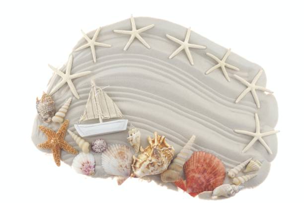 istock Summer Mockup.Sea Beach Mockup.sandy frame with a ship, white starfishes, shells isolated on white background.Summer sea vacation mockup background.top view, copy space. 1143208095