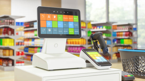 cajero automático con pantalla digital en el supermercado - checkout counter cash register retail supermarket fotografías e imágenes de stock