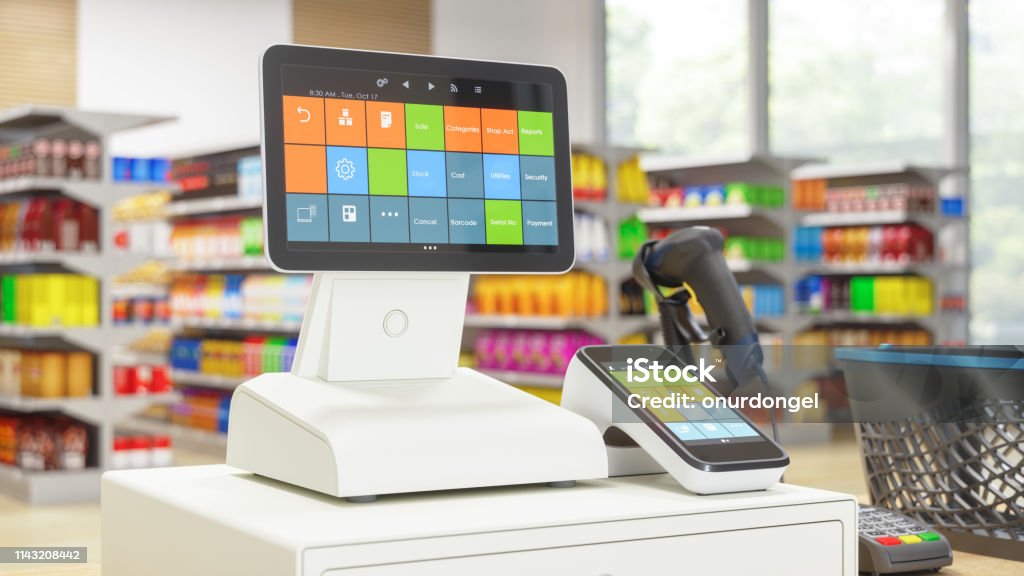 Cashier machine with digital screen in the Supermarket Cash Register Stock Photo