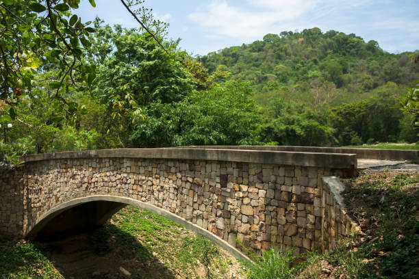 Concrete bridge crossing the pond In a public park