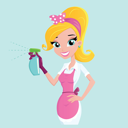 Illustration of a smiling housewife holding spray bottle