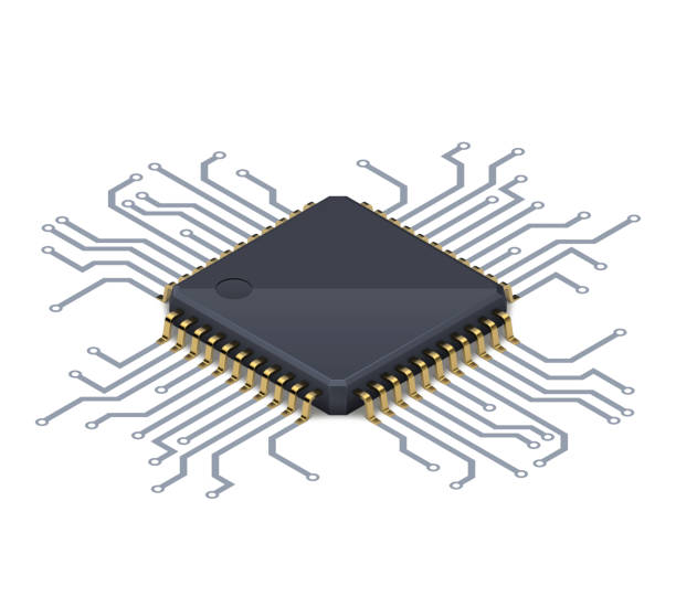 prozessor oder elektronischer chip auf leiterplatte mit leitfähigen schienen und weichem realistischen schatten. isometrischer vektor - cpu stock-grafiken, -clipart, -cartoons und -symbole