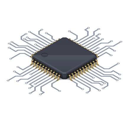 Processor or electronic chip on circuit board with conductive tracks and soft realistic shadow. Isometric vector illustration