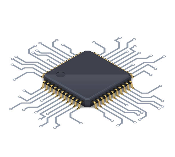 Processor or electronic chip on circuit board with conductive tracks and soft realistic shadow. Isometric vector Processor or electronic chip on circuit board with conductive tracks and soft realistic shadow. Isometric vector illustration semiconductor stock illustrations