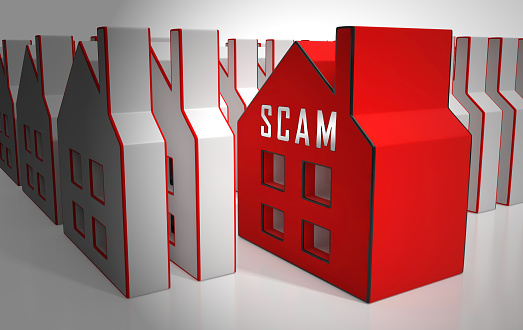 Propiedad estafa engaño icono que representa hipoteca o fraude inmobiliario-Ilustración 3D photo