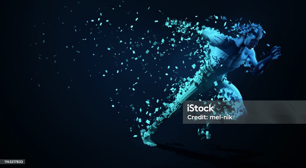 Sport backgrounds. Concept of a low poly running man.  Low polygonal sprinter. 3d render template brochures, flyers, presentations, logo, print, leaflet, banners. Sport backgrounds Technology Stock Photo