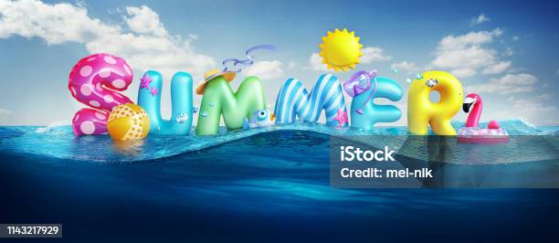 Reisehintergründe Sommer 3d Gerendert Banner Mit 3dtext Und Bunten Bällen Fische Flamingo Und Die Sonne In Blauem Himmel Und Meerhintergrund Für Sommerurlaub Stockfoto und mehr Bilder von Sommer