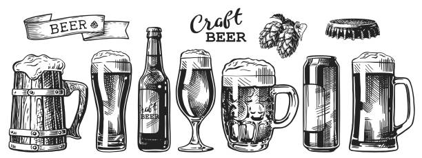 illustrazioni stock, clip art, cartoni animati e icone di tendenza di set di schizzi di birra - lager beer